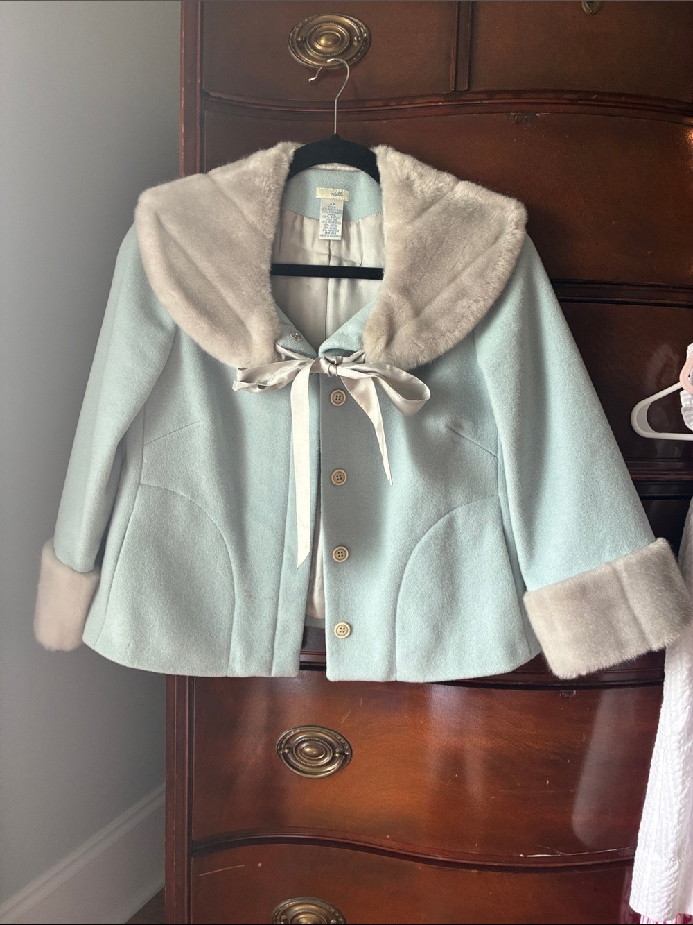 Anthropologie Light Blue Faux-Fur Trim Coat with Ribbon Tie